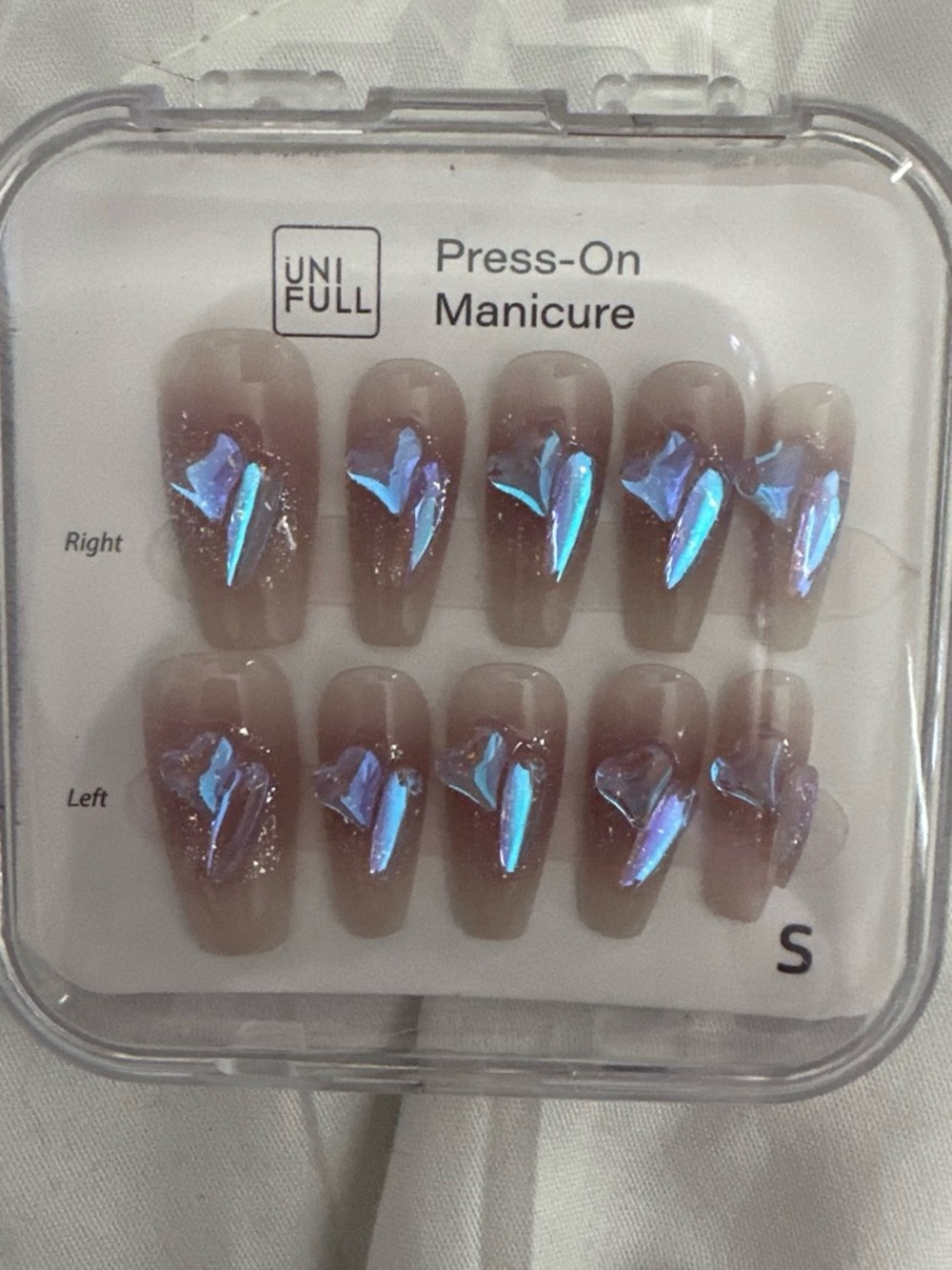 UNIFULL Press-On Manicure - Brown with Blue Holographic Accent (Set S)